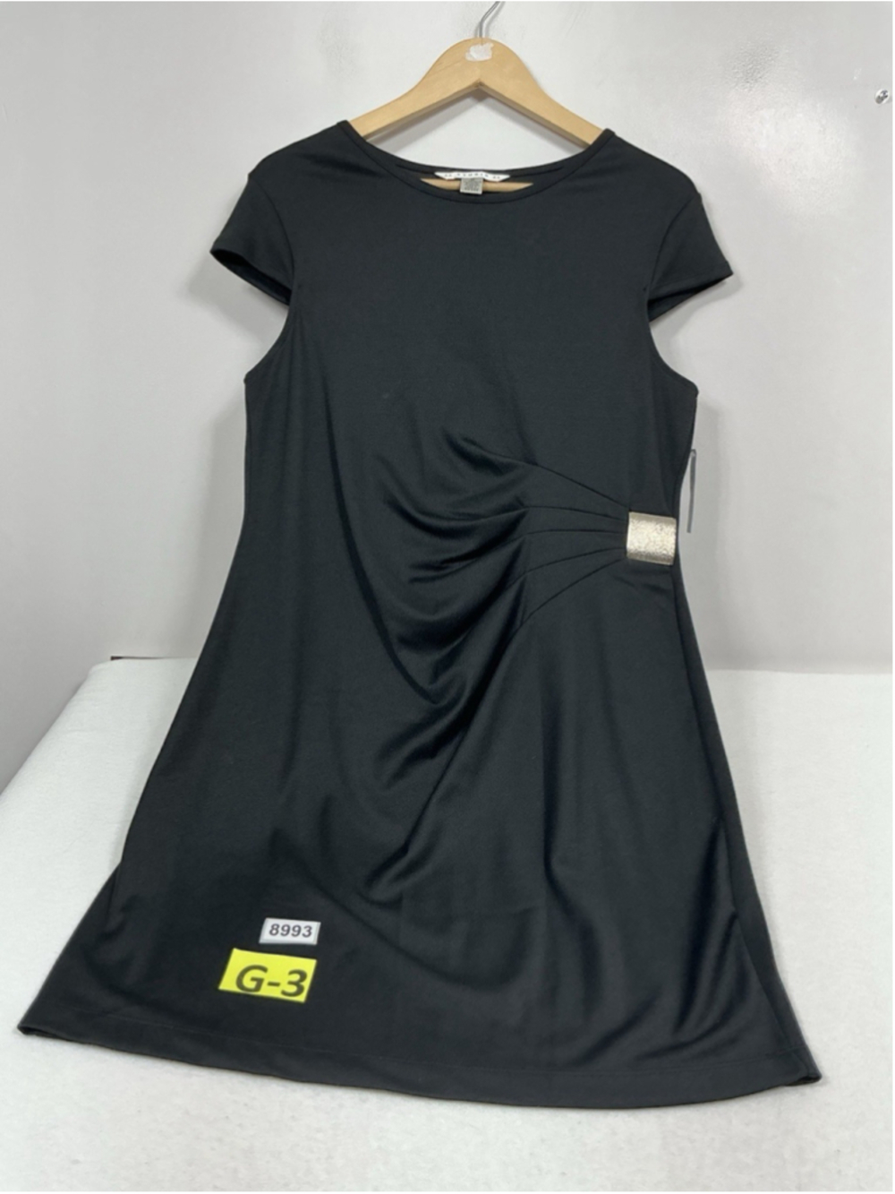 Woman’s NWT Studio AA Sheath Dress 16 Black Knee Length Cap Sleeves Jewel Accent